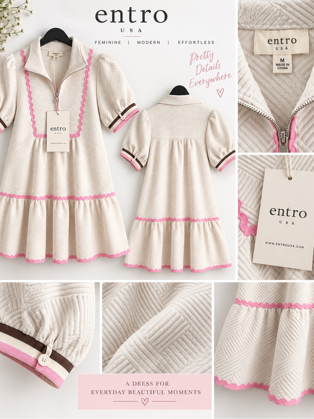 Entro USA Cream Dress with Pink Trim mini M New